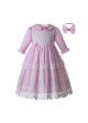 Wedding Party Lace Communion Pink Dot Flower Girl Long Dress With Headband