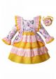 Easter Flower Bunny Pattern Yellow Girl Dress With Bows + Handmade Headband                                                                                                                       