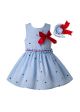 2020 Light Blue Girls Ruffles England Style With Red Bow Layered Dress + Hand Headband
