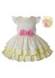 Light Yellow Girls With Pink Flowers Kids Princess Dress + Handmade Headband  