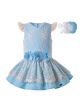 Girls Summer Blue Stereoscopic Flower Layered Lace Dress  + Handmade Headband