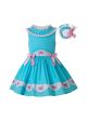 Summer Girls Embroidery Floral Pattern Blue Dresses + Headband