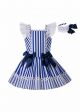 Girls Summer Deep Blue Cotton Flower Lace Stripe Princess Dress With Blue Bows + Handmade Headband