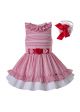 Summer Red Stripe Girls  Sleeveless With Cute Flowers Kids Dress + Handmade Headband  