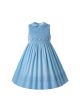 2020 Vintage Blue Ruffled Turn-down Collar Smoked Dress