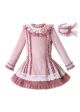 Lace Knitted Velour Fabric Pink Roses Girls Autumn Dress + Handmade Headband