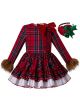 2019 Red Grid Vintage FauxFur Sleeve Girl Dress + Hand Headband