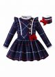 Girls Blue Grid School Uniform Style Bow Boutique Kids Dress + Hand Headband
