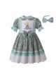 2020 Green Pleat Printed Turn-down Collar Vintage Dress + Hand Headband
