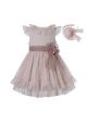 Beige Double-layered Floral Yarn Dyed Princess Boutique Girls Dress + Hand Headband