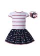 2021 Spring & Summer Girls Dress Red Stripe White Top Black Floral Print Skirt + Headband