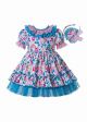 Spring Girls Lace Trim Dresses with Pink and Blue Floral Print + Headband