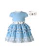 Spring & Summer Girls White Flowers Lace trim Cute Blue Dresses + Headband