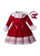 Lace Fluffy Princess Red Kids Three Quarter Sleeves Party Dress With Red Bows + Hand Headband 