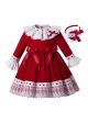 Lace Fluffy Princess Red Kids Three Quarter Sleeves Party Dress With Red Bows + Hand Headband 