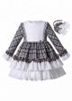 Grey & White Plaid Kids Lace Autumn Children Girls Boutique Princess Dress + Handmade Headband