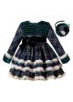 Girls Gorgeous Green Check Fluff Layered Autumn Dress + Handmade Headband