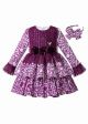 Purple Girls Autumn Flower Print Cotton Boutique Layer Dress + Hand Headband