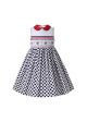 Navy Blue Polka Dots Over-Knee Length Sleeveless Smocked White Cotton Dress