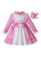 Girls Autumn Pink Ruffles Lace White Dot Princess Party Dress With Ribbon Bows + Hand Headband