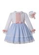 Autumn Light Blue Girls Ribbons Bow Dot Double-layered Boutique Dress + Hand Headband