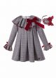 (USA ONLY)Grey Check Garment Dyed Double-layered Boutique Girls Vintage Dress With Red Bow + Hand Headband