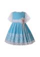 Spring & Summer Sweet Chiffon Flower Lace Dots Crewneck Girls Blue Dress