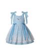 Cute Blue Lattice Lace Bows Sling 2021 New Summer Girls Ruffle Dress