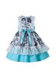 Cyan-Blue Sleeveless Flower Patterns Lace Girls Dress