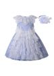 Girls Sleeveless Blue Dress with Feather and Lace 