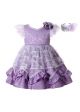 Purple Noble Ruffle Printed Flower Feather Ornament Princess Dress + Handmade Headband