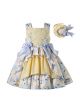 Floral Pattern Lace Blue Bows Girls Easter Yellow Dress + Headband