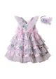 Summer Girls Light Pink V-neck Dress with Blue Flower Patterns Lace Bows + Handmade Headband
