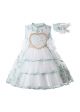 Princess White Lace Yarn Flower Heart Embroidery Bow Dress with Matching Headband