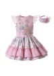 Girls Sleeveless Floral Patterns Pink Dress + Handmade Headband