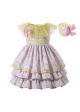 Easter New Arrival Pink Print Double-layered Bows Girls Yellow Dress + Headband