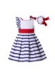 Girls Sleeveless White & Blue Striped Dress + Handmade Headband