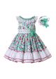 Green Floral Double-layered Collar Girls A-line Dress + Handmade Headband