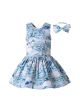 Blue Peacock Patterns Sleeveless Girls Dress + Handmade Headband