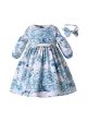 Blue Floral Patterns Girls Summer Dress + Handmade Headband