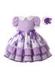 Double-layered Lantern Sleeve Flower Patterns Purple Dress + Handmade Headband