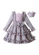 Gray Long Sleeve Knee-length Ruffle Girls Dress + Handmade Headband