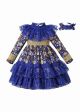Blue Long Sleeve AW Girls Lace Floral Dress + Handmade Headband