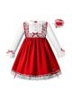 Red Christmas Ruffle Ribbon Lace Dress with Handmade Headband