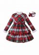 Burgundy Plaid 2 Layers Ruffles Dress + Headband