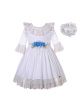 Girls White Half Sleeves Lace Collar Tulle Dress with Blue Flower Sash