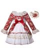 Girls Red Retro Floral Printed Lace Dress+ Handmade headband