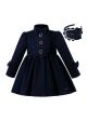 Autumn & Winter Girls Dark Blue Single Breasted Wool Coat + Hand Headband