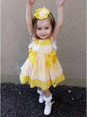 Girls Easter Summer Yellow Cotton Dress + Handmade Headband                          