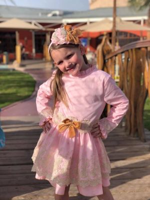Newest Girl Party Dress With Pink Headband Long Sleeve Lace Dress